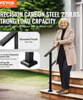 Built Tough Outdoor Handrails For Steps 2 To 3 Step Stair Rail Kit Black Carbon Steel Square Tube Horizontal Bar for Seniors and Kids, displayed on steps.