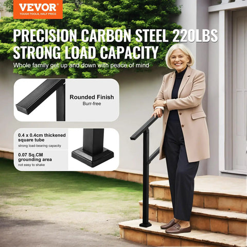 Built Tough Outdoor Handrails For Steps 2 To 3 Step Stair Rail Kit Black Carbon Steel Square Tube Horizontal Bar for Seniors and Kids, displayed on steps.