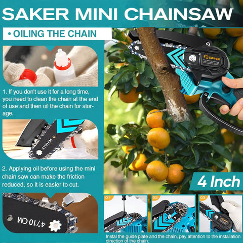Saker 4-inch Mini Cordless Chainsaw Portable Electric Handheld Pruning Saw being oiled for tree branches and yard tasks