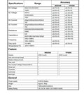 Comparison chart of Auto Range Digital Multimeter With NCV, Backlit LCD, showcasing specifications, range, and accuracy.