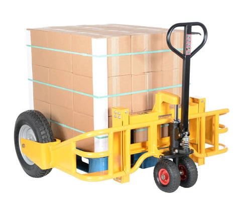 Heavy Duty All Terrain Steel Pallet Truck With Pneumatic Tires and Smooth Steering gliding with a load of cardboard boxes.