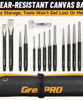 16 Piece Metal Punch And Chisel Set For Wood And Auto Projects With Precision Sharpened Edges displayed with storage pouch