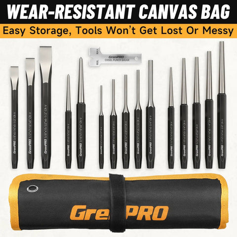 16 Piece Metal Punch And Chisel Set For Wood And Auto Projects With Precision Sharpened Edges displayed with storage pouch