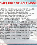 Compatible vehicle models list for cars including Forte, Niro, Sonata, and Blue Hybrid with model and engine details