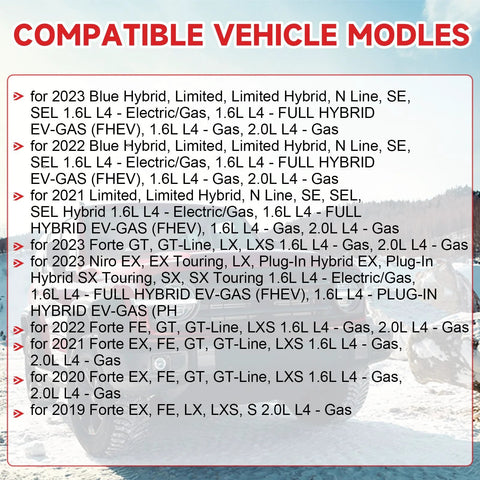 Compatible vehicle models list for cars including Forte, Niro, Sonata, and Blue Hybrid with model and engine details