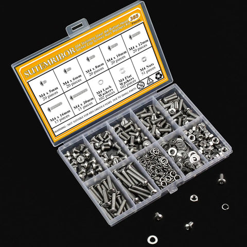 Top Shelf M4 Screw Nut Washer Assortment Kit Stuffed With 385 Pieces Of Fully Threaded 304 Stainless Steel Fasteners in storage box.