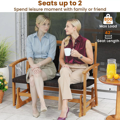 Two Person Wooden Outdoor Glider Bench With Acacia Wood Armrests And Wicker Back And Seat Rocking Patio Loveseat seating two women