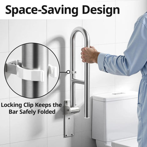 Heavy Duty Toilet Grab Bar Flip Up Folding Safety Handrail For Bathroom Wall Mount 304 Stainless Steel Top Notch Brushed Finish Space Saving Support Rail For Senior And Handicapped Assistance 24 Inch with locking clip