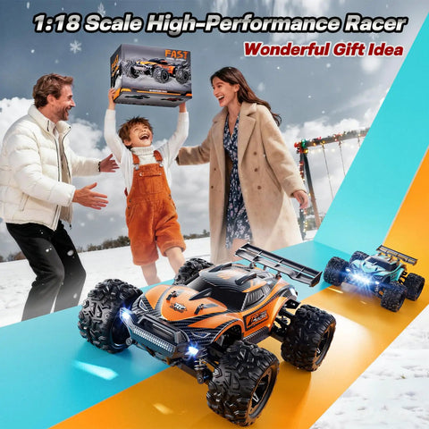 Family enjoying All Terrain 4x4 Off Road Remote Control Car For Adults With 38+ KPH Speed, snow setting, gift giving moment