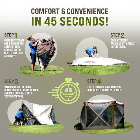Assembly steps for Instant Setup Pop Up Screen Tent No Tool Setup 11.5 Ft 6 Person Bug Free Outdoor Shelter