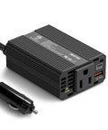 Heavy Duty 120V Power Inverter Converts 12V DC To 110V AC With 200W Output And Dual USB Fast Charge Ports, black aluminum housing.