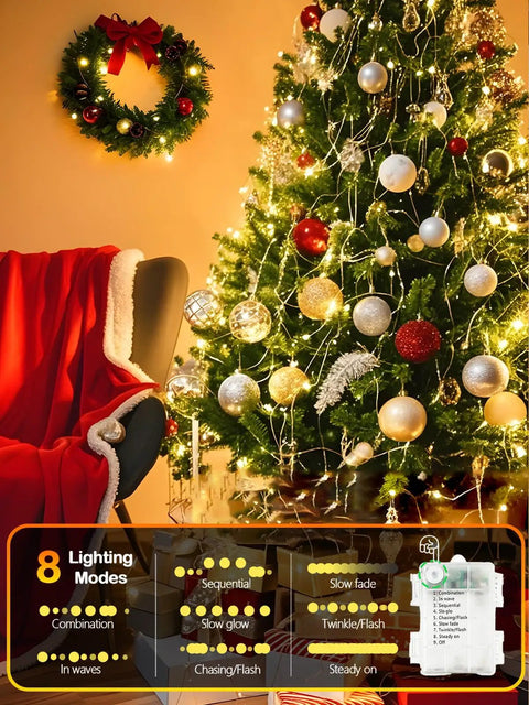 Christmas tree with 4 Pack 100 LED Fairy Lights Battery Operated With Remote 33Ft Waterproof Twinkle String Lights With Timer And 8 Modes