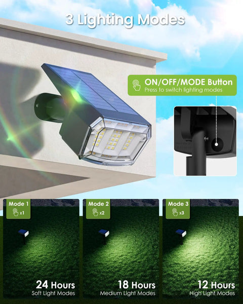 Ten Pack Solar Spot Lights Outdoor IP67 Waterproof with 63 LED Ultra Bright Landscape Spotlights showing three lighting modes
