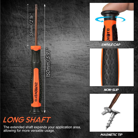 8-In-1 Small Torx Screwdriver Set With T3 Through T10 Security Bits, showing long shaft, non-slip grip, and magnetic tip