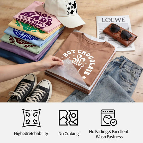 Image showing folded shirts and jeans with designs made using Vibrant 33 Sheets 12x12 Inch Heat Transfer Vinyl Kit for DIY projects.