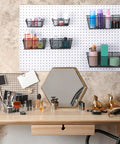 Six Piece Pegboard Basket Set Wall Mount Bins For Tools And Crafts In Black Three Sizes For Garage Workshop Slatwall Organization Durable Heavy Duty Construction Fits Standard Pegboard Hooks For Easy Access Tool Storage