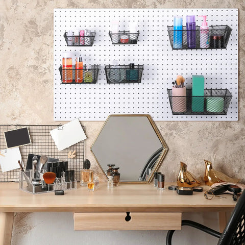 Six Piece Pegboard Basket Set Wall Mount Bins For Tools And Crafts In Black Three Sizes For Garage Workshop Slatwall Organization Durable Heavy Duty Construction Fits Standard Pegboard Hooks For Easy Access Tool Storage