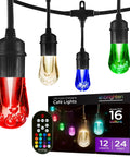 Vintage Outdoor String Lights 24ft With 12 RGB Acrylic Bulbs, Weatherproof, RF Remote, Color Changing Cafe Ambience, 16 Colors shown with remote and packaging.