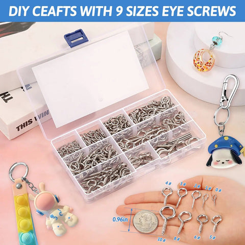 Nine Size Eye Hooks Screws Kit 306 Piece Assortment Nickel Plated For Waterproof Durability With 9 Sizes Includes 6 Drill Bits And Storage Box