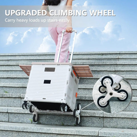Foldable Utility Cart With Stair Climbing Wheels being pulled up stairs, showcasing collapsible rolling crate with lid, Milky White.