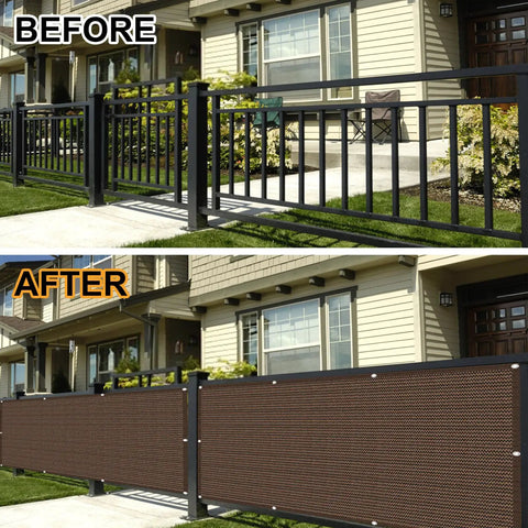 Before and after installation of Outdoor Privacy Screen Mesh Windscreen, three by fifteen feet, brown, on a patio railing.