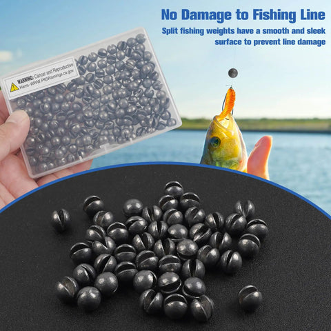 Removable Split Shot Weights For Fishing 1.8G 60Pcs Round Lead Sinker Set displayed with fish and packaging.