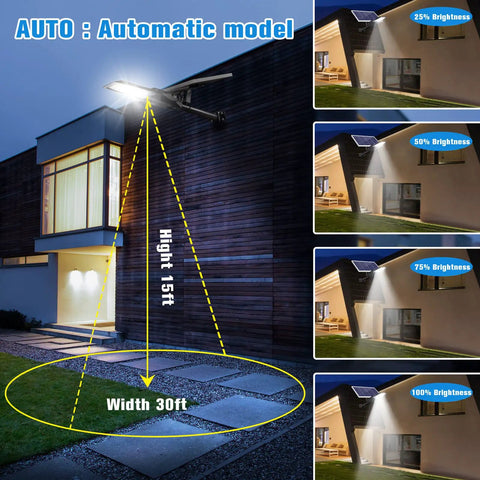 Beast Mode Bright 1000W LED Solar Street Light illuminating outdoor area with remote control, showing brightness levels and coverage.