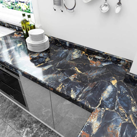 Glossy Blue Gold Marble Countertop Contact Paper 32 Inch Wide By 354 Inch Long Marble Peel And Stick Wallpaper Waterproof Removable for kitchen countertop