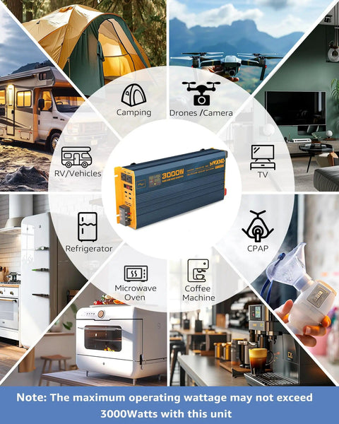 3000W Pure Sine Wave Inverter From 12V DC to 110V and 120V with USB ports and LCD display for camping and off-grid use