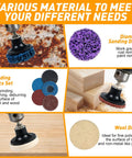 Various sanding discs including diamond, wool on wood, demonstrating 172 Pack 2 Inch Die Grinder Sanding Discs With One Quarter Inch Roll Lock Quick Change System.