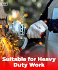 Person using power tool wearing Red Latex Cotton Work Gloves 200 Pairs Non Slip Grip Nitrile Dipped Rubber Palm Coated For A Firm Grip Heavy Duty Construction Moving Warehouse Garden Gloves