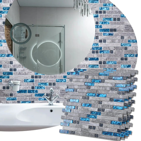 Blue Gray Glass Dope Decorative Tile 5 Pack Mosaic for Kitchen Backsplash or Bathroom Backsplash Mesh-Backed