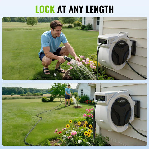 Heavy Duty Wall Mounted Garden Hose Reel With 106.6 Ft Reach 1/2 Inch PVC Hose in use on a patio, showing length lock feature