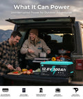Couple cooking with 12V 300Ah LiFePO4 Battery Deep Cycle With 3840Wh Capacity, 200A BMS in jeep for outdoor adventure power