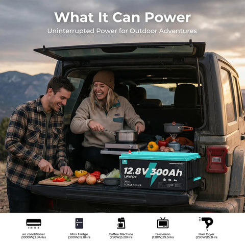 Couple cooking with 12V 300Ah LiFePO4 Battery Deep Cycle With 3840Wh Capacity, 200A BMS in jeep for outdoor adventure power