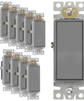 Slick Decorator Paddle Rocker Light Switch Gloss Gray Finish Single Pole 3 Wire Grounding Screw Residential Grade 15A 120V 277V UL Listed 10 Pack