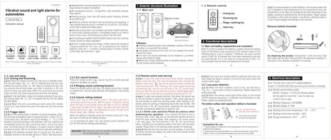 108dB Car Alarm System With 2 in 1 Vibration Sensor And Red Light Warning Wireless Remote Anti Theft Vehicle Alarm For RV SUV And Truck Magnetic Install Design For Quick Setup Loud Alarm And Visual Alert That Scares Off Thieves instruction manual pages with remote and sensor diagram