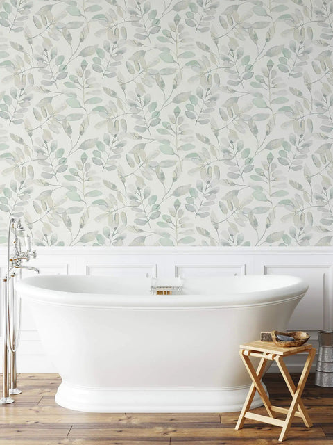 Bathroom with Fable Leaf Peel And Stick Wallpaper in white and off-white floral peelable wall covering, smooth, repositionable for DIY accent walls.