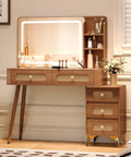 Walnut Vanity Desk With Mirror And Lights, Vintage Mid Century Modern Makeup Vanity Table With Five Drawers And Three Open Shelves