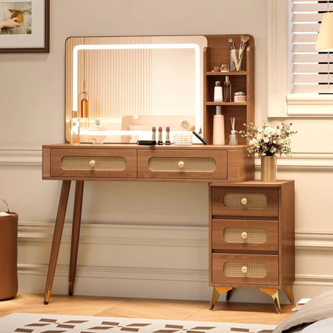 Walnut Vanity Desk With Mirror And Lights, Vintage Mid Century Modern Makeup Vanity Table With Five Drawers And Three Open Shelves