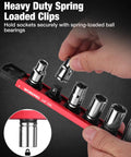 Image of Deadset Reliable Magnetic Socket Organizer Slick Push Button Sliding Rail holding 3/8 inch sockets securely with spring-loaded clips.