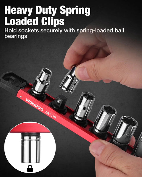 Image of Deadset Reliable Magnetic Socket Organizer Slick Push Button Sliding Rail holding 3/8 inch sockets securely with spring-loaded clips.