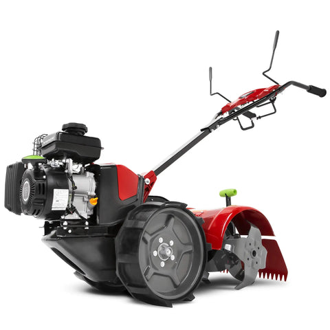 Pioneer Dual Direction Rear Tine Tiller With Counter Rotating And Standard Rotating Tines For Sod Busting And Seed Bed Prep Powered By A Light Quiet 99cc Viper Engine And Red Black Finish, side view
