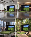 Indoor Golf Simulator Enclosure Kit 11 By 8 Feet With 4K Ready Impact Screen set in various indoor practice spaces