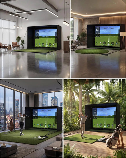 Indoor Golf Simulator Enclosure Kit 11 By 8 Feet With 4K Ready Impact Screen set in various indoor practice spaces