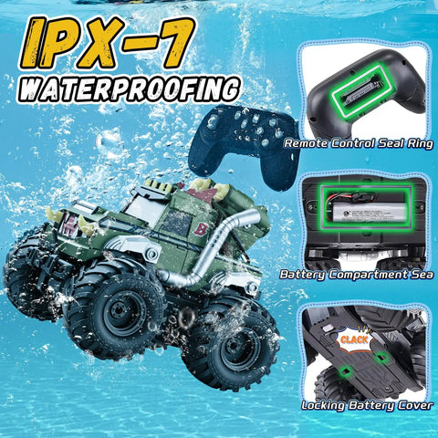 3 In 1 Amphibious RC Car Boat Water Gun With 2.4GHz Remote, Waterproof All Terrain Monster Truck showing IPX-7 waterproofing features