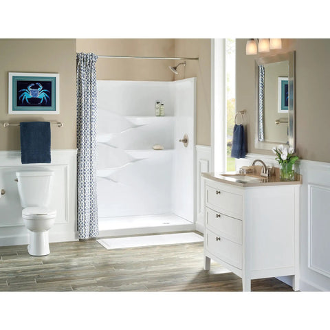 Modern bathroom with 24 Inch Brushed Nickel Towel Rack For Bathroom And Kitchen, towel bar by white vanity and shower area.