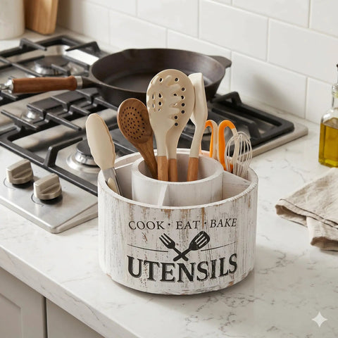 Extra Large 10 Inch Kitchen Utensil Holder With Slick 360 Degree Lazy Susan Spin That Keeps Counters Clean And Makes Grabbing Spatulas Whisks And Tongs Total Breeze Heavy Duty Modern Sleek Design on kitchen counter.