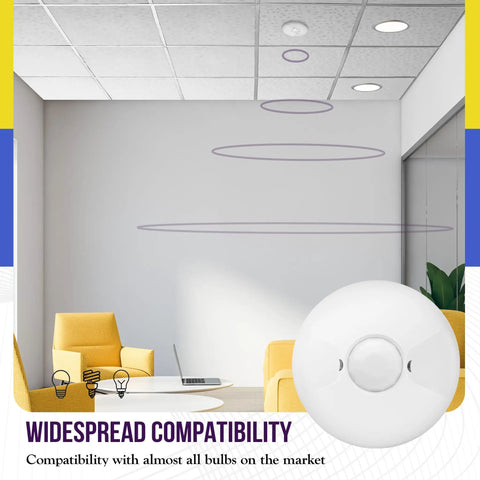 Ceiling Occupancy Sensor With PIR Motion Sensing For Junction Box Install MPC-50V White in an office setting with 360-degree coverage