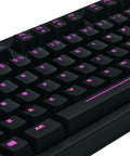 Premium Red Mechanical Gaming Keyboard Displaying Bold Per Key Full RGB Color Backlight and Responsive Keys from above with pink lighting on keys.